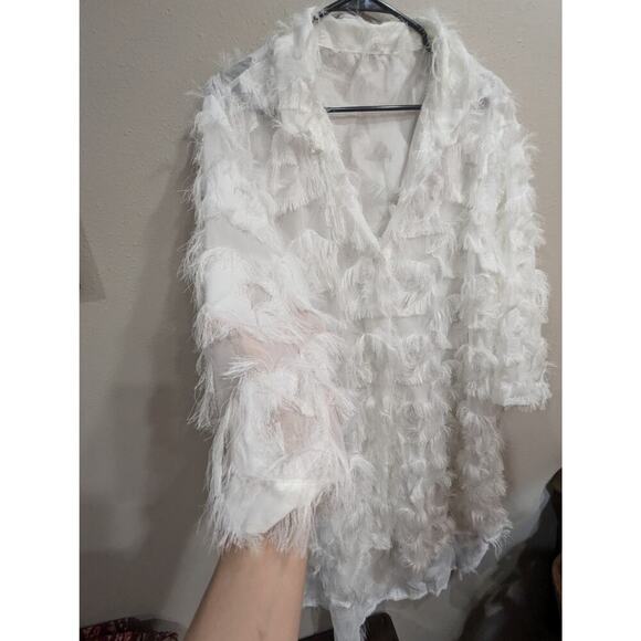 White gauzy eyelash fringe collared buttoned dress w/3/4 length sleeves XL - Picture 2 of 9